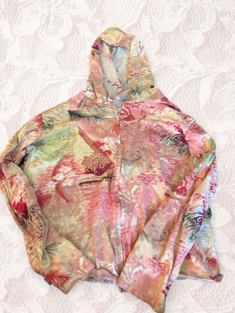 Lightweight Pink Tropical Print Zip Hoodie